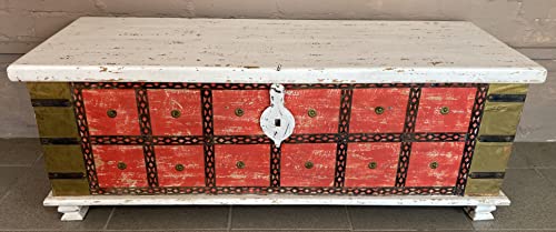 GURU SHOP Antike Holzbox, Holztruhe, Couchtisch, Kaffeetisch aus Massivholz, Aufwändig Verziert - Modell 18, Rot, 40x112x43 cm, Truhen, Kisten, Koffer