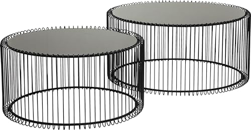 Kare Design Couchtisch Wire Schwarz 2er Set, runder Couchtisch für das Wohnzimmer, mit Gestell in schwarz und Glasplatte in verspiegelter Optik, Beistelltisch, (H/B/T) 30,5xØ60cm & 33,5xØ69,5cm