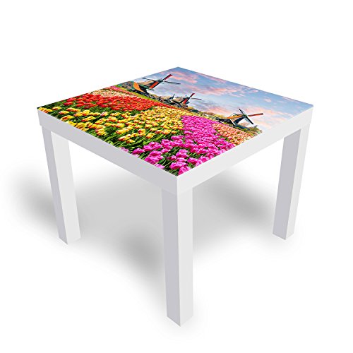 DEKOGLAS Beistelltisch Couchtisch 'Tulpenlandschaft' Sofatisch mit Motiv Glasplatte Kaffee-Tisch von DEKOGLAS, 55x55x45 cm Weiß