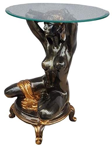 Casa Padrino Jugendstil Beistelltisch kniende Frau Schwarz/Gold Ø 45 x H. 63,5 cm   Eleganter Tisch mit runder Glasplatte   Wohnzimmer Möbel