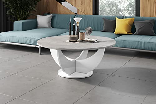Design Couchtisch HRC-111 Hochglanz Wohnzimmertisch Highgloss Rund Tisch ?100 cm x 40 cm, Farbe:Beton - Weiß Hochglanz