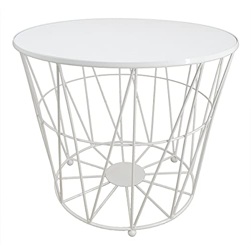PrimoLiving Design Beistelltisch Weiß mit Deckel - Metall Drahtkorb mit Holzdeckel  Diagonal  P-840 L 40x35 cm - Korb Couchtisch mit Stauraum Deko Tisch