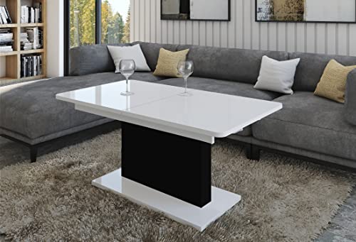 Design Couchtisch Tisch DC-1 Hochglanz stufenlos höhenverstellbar ausziehbar Esstisch (Weiß Hochglanz/Schwarz matt)