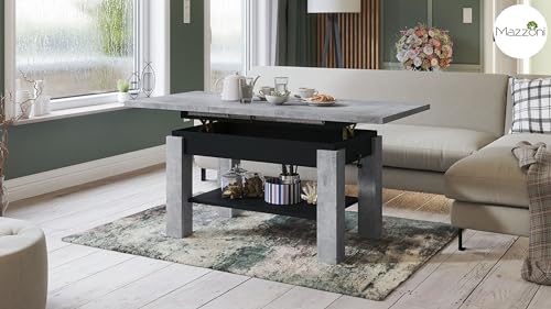 Mazzoni Design Couchtisch Tisch Astoria stufenlos höhenverstellbar 57-69cm ausziehbar 110-150cm mit Ablagefläche Esstisch (Betonoptik/Schwarz matt)