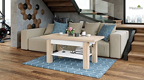 Design Couchtisch Tisch Arbeitstisch Brawo höhenverstelbar aufklappbar, Farbe:Sonoma Eiche - Weiß matt