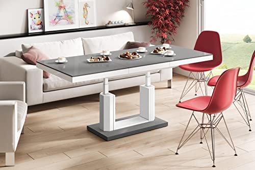 Design Couchtisch Tisch H-120 Grau/Weiß Hochglanz stufenlos höhenverstellbar ausziehbar Esstisch