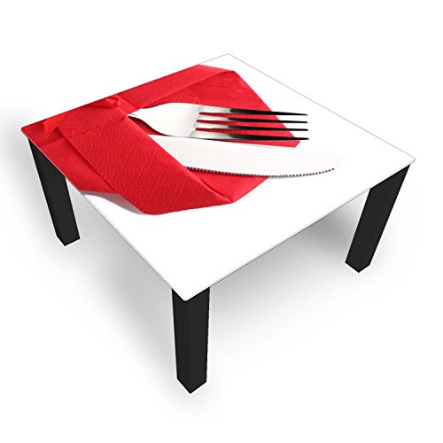 DEKOGLAS Couchtisch 'Besteck Rot' Glastisch Beistelltisch für Wohnzimmer, Motiv Kaffee-Tisch 100x100 cm in Schwarz oder Weiß