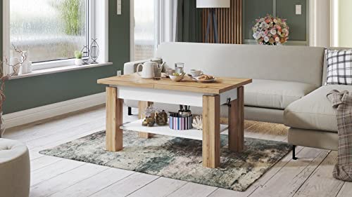 Design Couchtisch Tisch Astoria Eiche Wotan - Weiß matt stufenlos höhenverstellbar 59,5-71,5cm ausziehbar 110-150cm mit Ablagefläche Esstisch