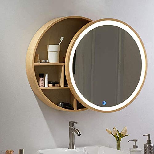 WEDF Medizinschrank mit Spiegel und Beleuchtung Spiegelschränke Runder Spiegel Badezimmer-Schiebeschrank mit hellem Massivholz-Wandspiegel