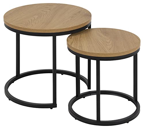 AC Design Furniture Spencer runde Satztische 2er-Set, Tischplatte aus Wildeiche und schwarze Metallbeine, Couchtisch-Set für Wohnzimmer, modernes Beistelltisch-Set,Lampent isch für Wohnzimmer oder Flur