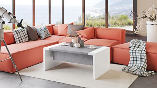 Design Couchtisch Tisch Space Beton Betonoptik - Weiß matt höhenverstellbar 45 / 70cm aufklappbar 110 / 170cm Esstisch