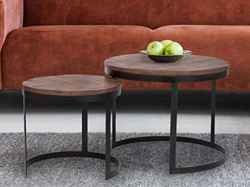 casamia Couchtisch 2er Set Beistelltisch Wohnzimmer-Tisch rund Austin Metall-Gestell Altsilber o. schwarz Farbe braun - Bassano