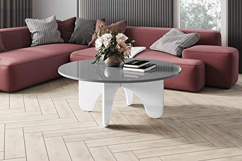 Design Couchtisch HRL-111 Hochglanz Wohnzimmertisch Highgloss Rund Tisch ?100 cm x 40 cm, Farbe:Grau Hochglanz/Weiß Hochglanz