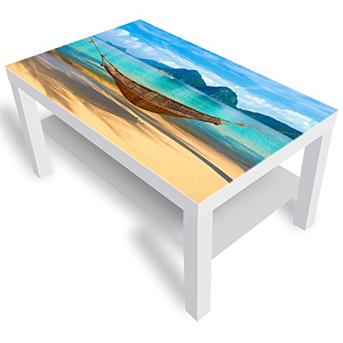 DEKOGLAS Beistelltisch Couchtisch 'Hängematte am Strand' Sofatisch mit Motiv Glasplatte Kaffee-Tisch von DEKOGLAS, 90x55x45 cm Weiß