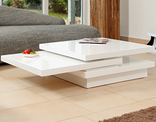SalesFever Couch-Tisch weiß Hochglanz aus MDF 120x80cm recht-eckig | Goci | Moderner Wohnzimmer-Tisch Weiss mit drehbarer Platte | Geöffnet 160cm x 80cm