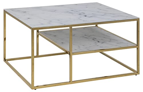 AC Design Furniture Antje Rechteckiger Couchtisch mit 1 Ablage aus Glas mit Marmoroptik in Weiß und Gekreuztem Verchromten Sockel in Goldfarbe, W: 90 x H: 45 x D: 60 cm, Wohnzimmertisch Weiß