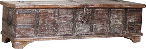 GURU SHOP Vintage Holzbox, Holztruhe, Couchtisch, Kaffeetisch aus Massivholz, Verziert - Modell 54, Teakholzrecycelt, 40x142x41 cm, Truhen, Kisten, Koffer