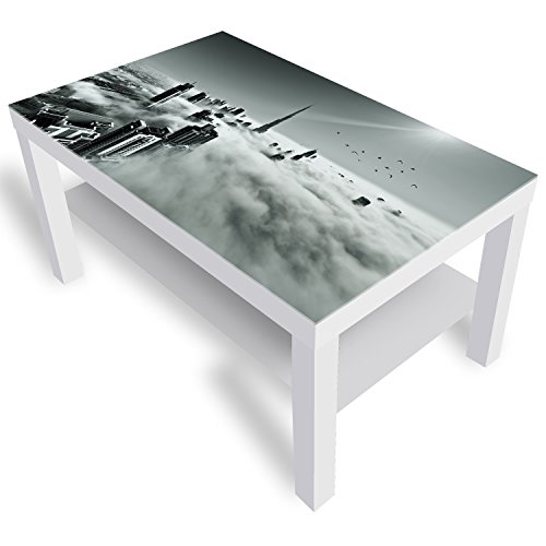DekoGlas Beistelltisch Couchtisch 'Wolkenstadt' Sofatisch mit Motiv Glasplatte Kaffee-Tisch, 90x55x45 cm Weiß
